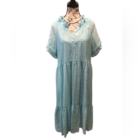 Sharagano PXL Sky Blue Textured Gauze Maxi Dress Has a slip Ruffled Neck Tiered - Picture 1 of 6